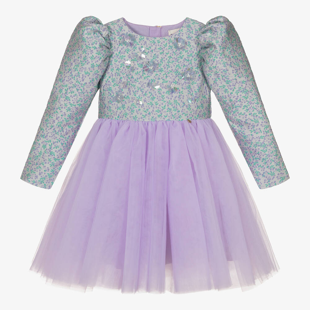 Le Mu - Girls Lilac & Blue Floral Brocade Tulle Dress | Childrensalon