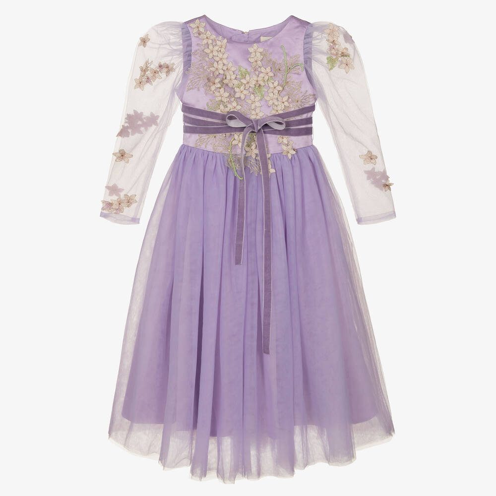 Le Mu - Girls Lilac Embroidered Long Dress | Childrensalon