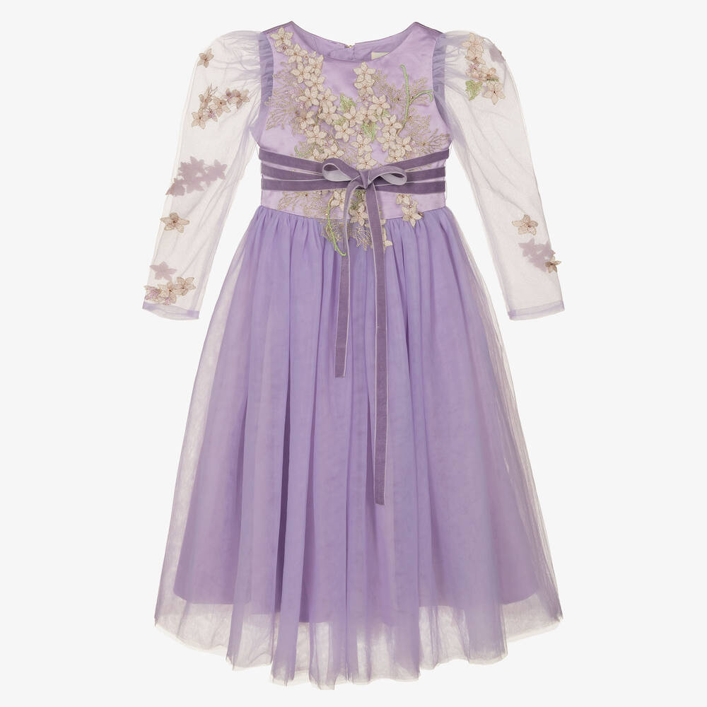 Le Mu - Robe longue lilas brodée fille | Childrensalon