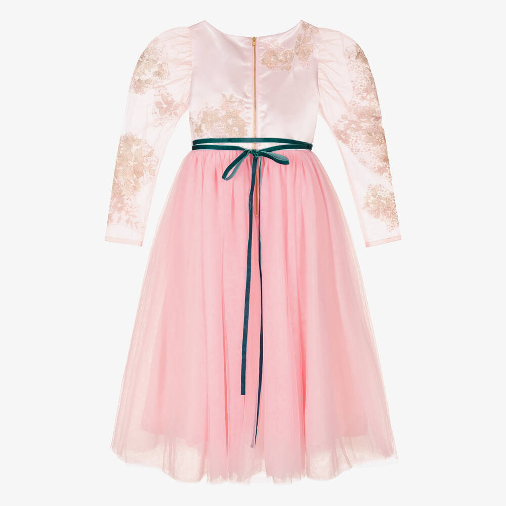 Le Mu-Girls Long Pink Embroidered Tulle Dress | Childrensalon Outlet