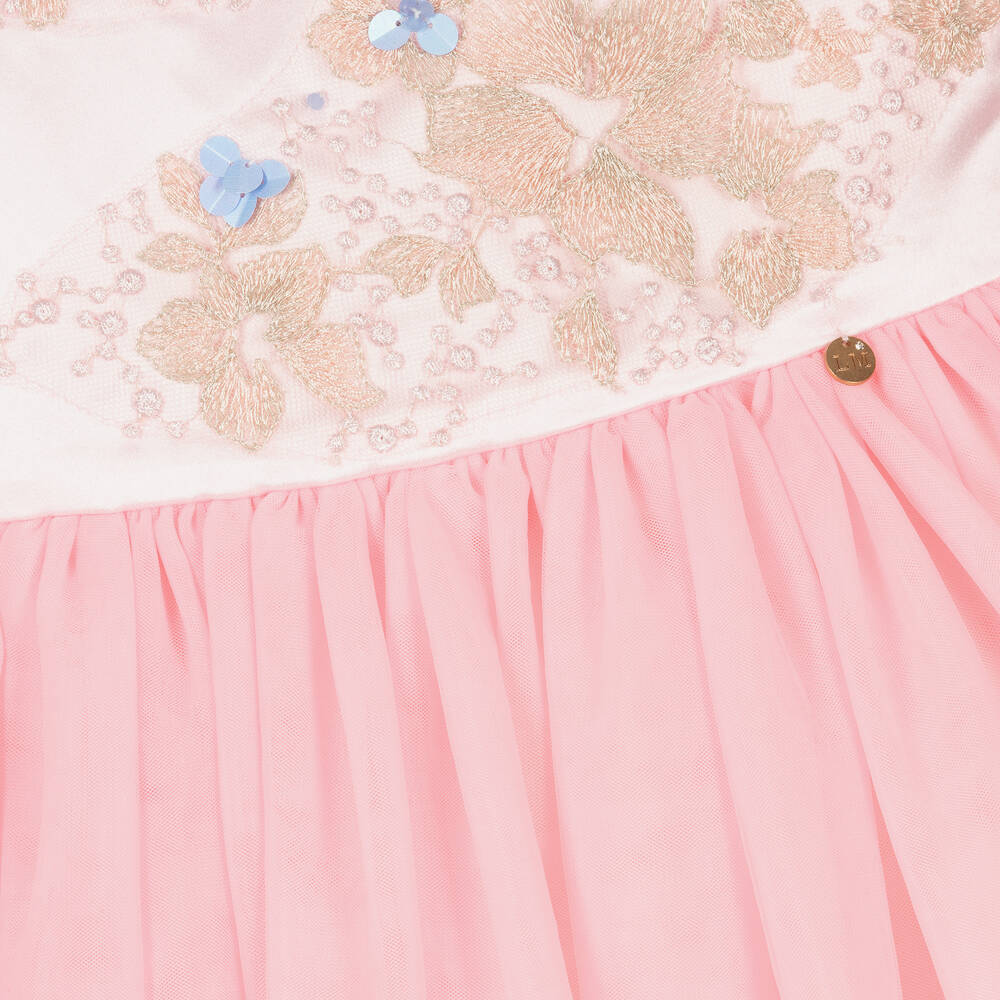 Le Mu-Girls Long Pink Embroidered Tulle Dress | Childrensalon Outlet