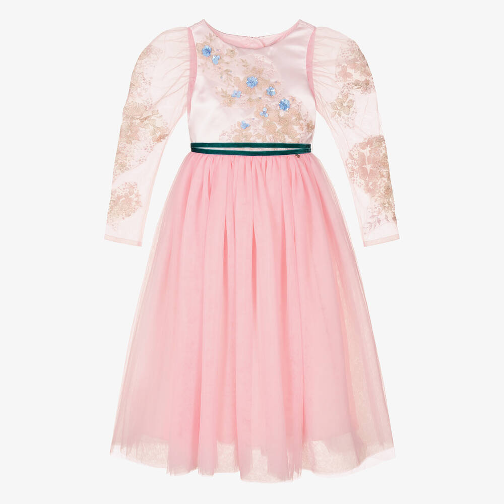 Le Mu - Girls Long Pink Embroidered Tulle Dress | Childrensalon
