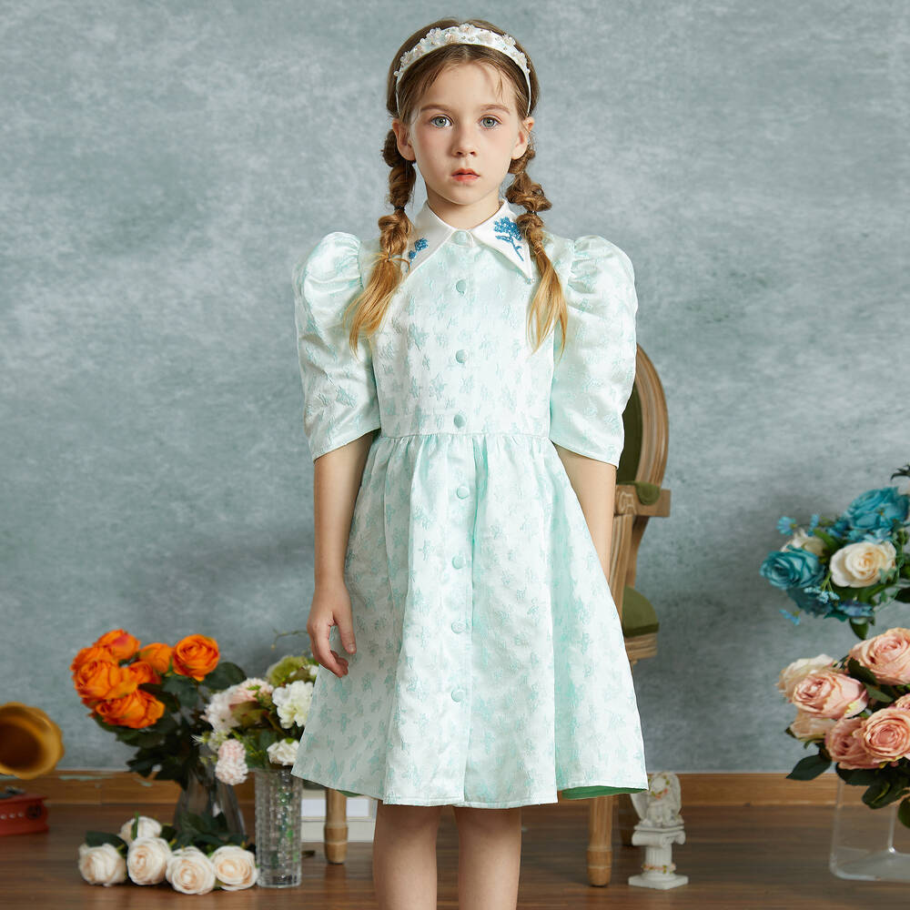 Le Mu-Girls Mint Green Satin Jacquard Dress | Childrensalon Outlet