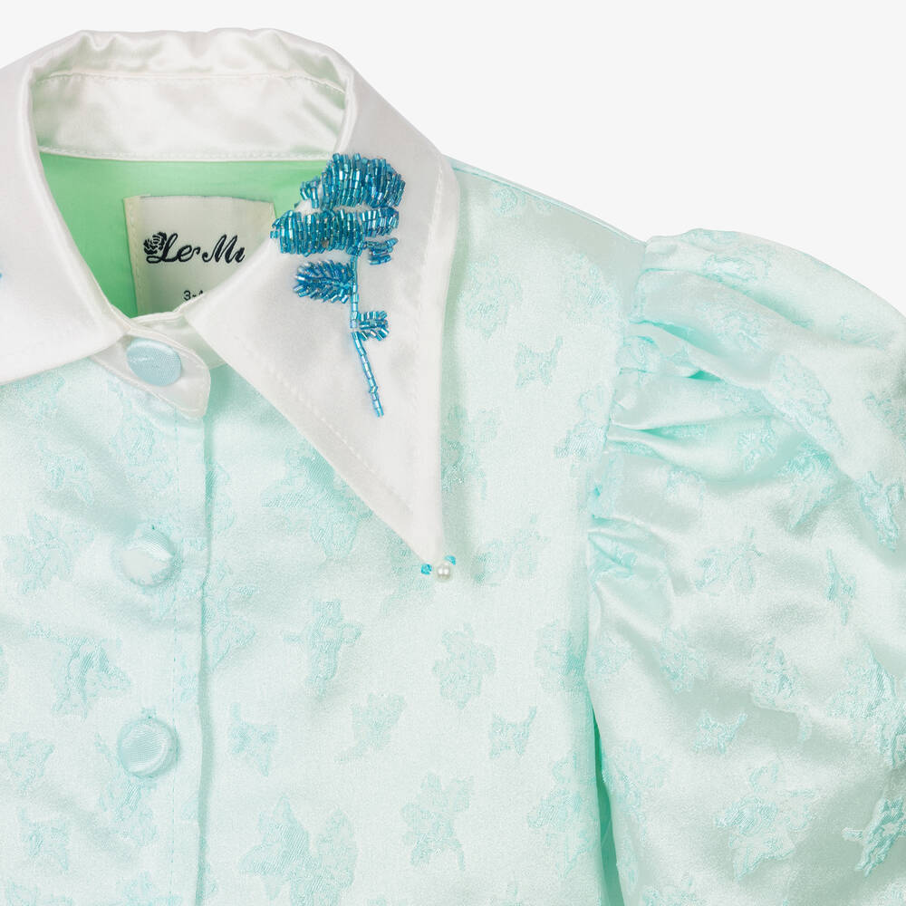 Le Mu-Girls Mint Green Satin Jacquard Dress | Childrensalon Outlet