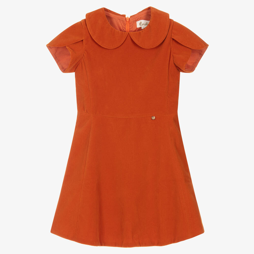 Le Mu - Girls Orange Velvet Dress | Childrensalon