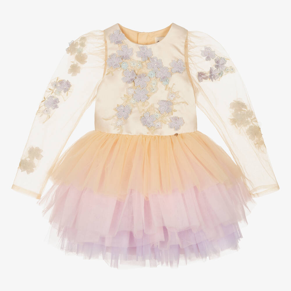 Le Mu - Girls Pastel Floral Tulle Dress | Childrensalon