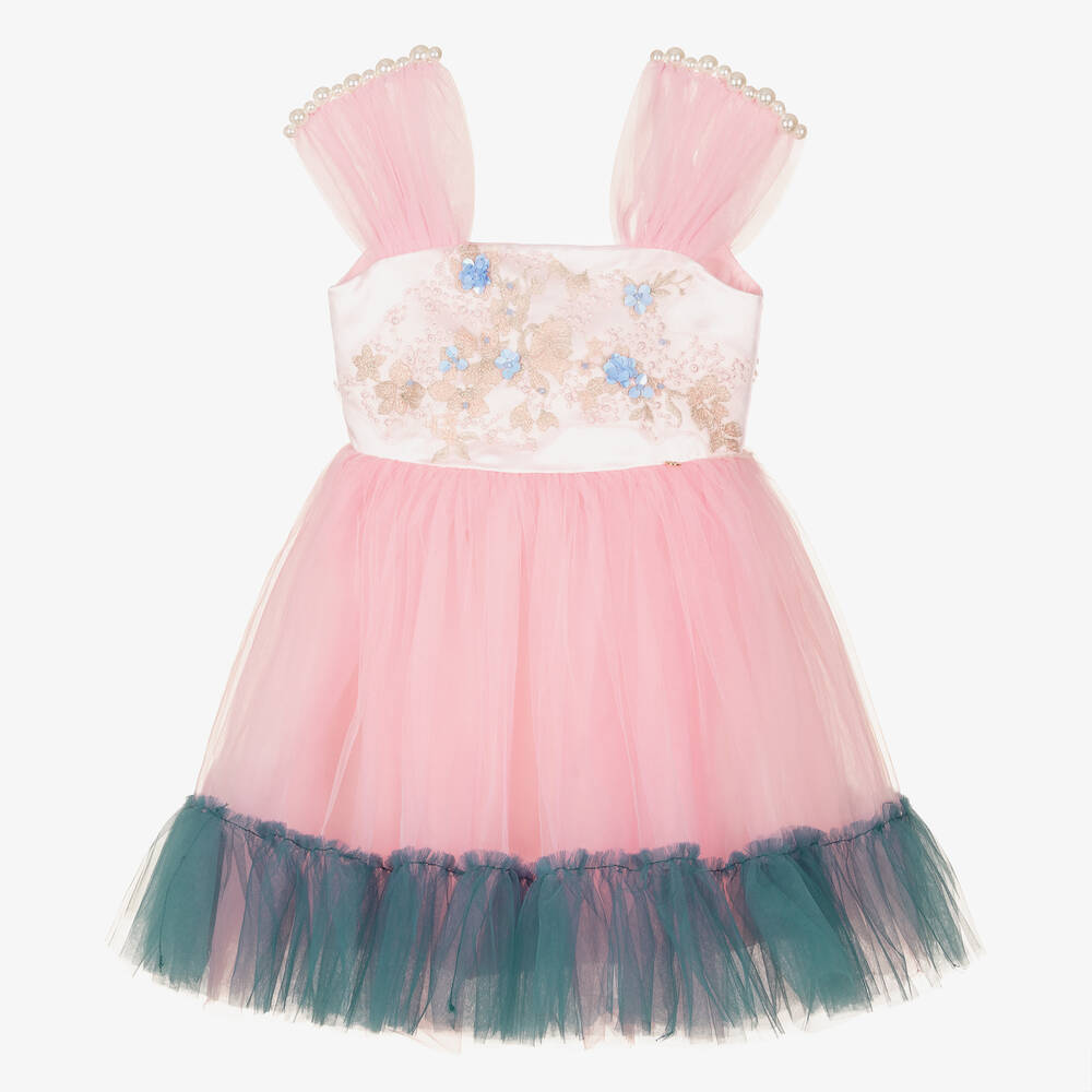 Le Mu - Girls Pink Embroidered Satin & Tulle Dress | Childrensalon