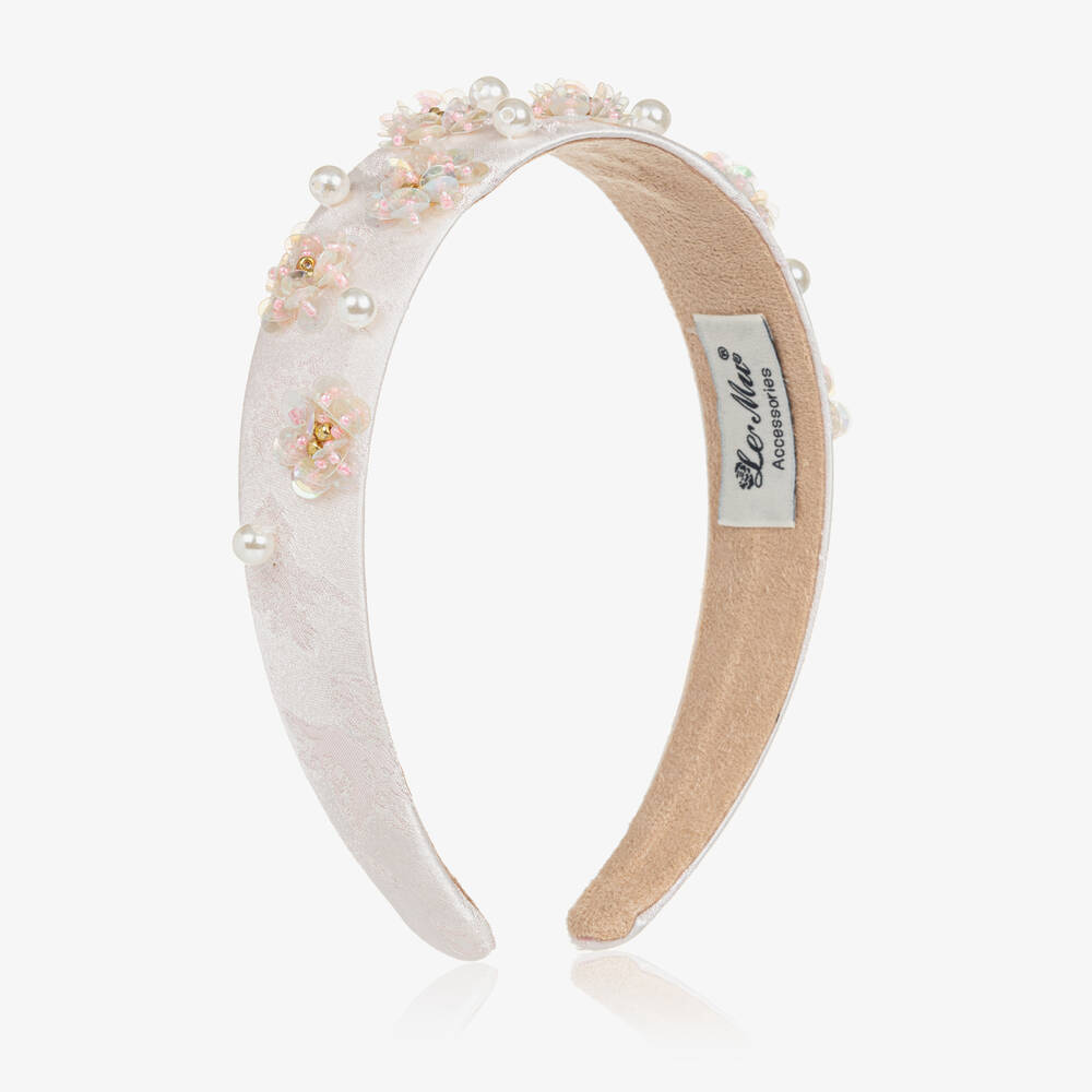 Le Mu-Girls Pink Floral Brocade Sequin Hairband | Childrensalon Outlet