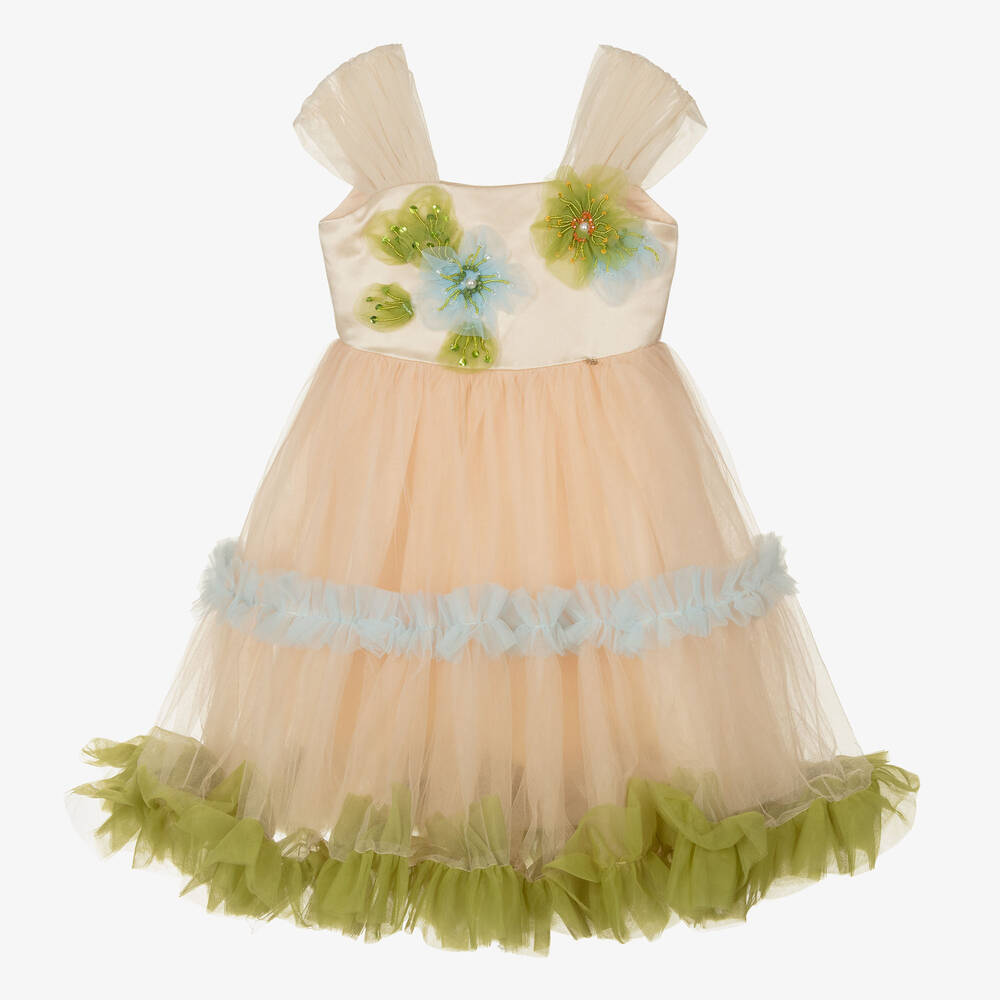 Le Mu - Розовое платье из тюля с зелеными цветами | Childrensalon