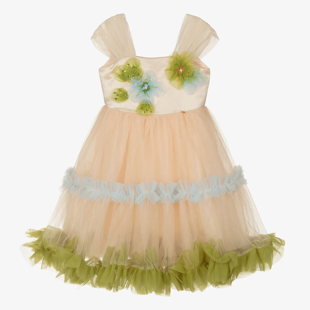 Le Mu - Robe rose et vert en tulle à fleurs | Childrensalon