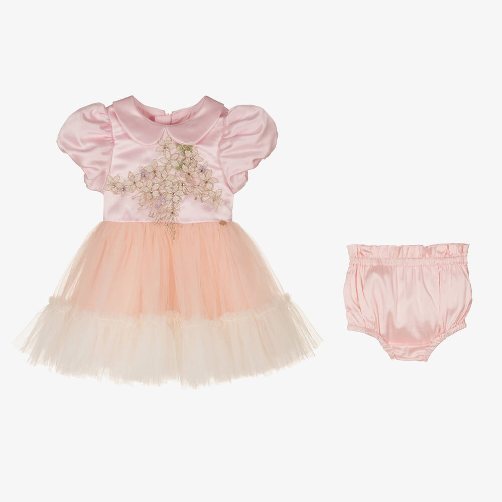 Le Mu-فستان ساتان وتول لون زهري | Childrensalon Outlet