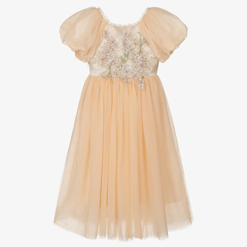 Le Mu - Girls Pink Tulle Long Dress | Childrensalon