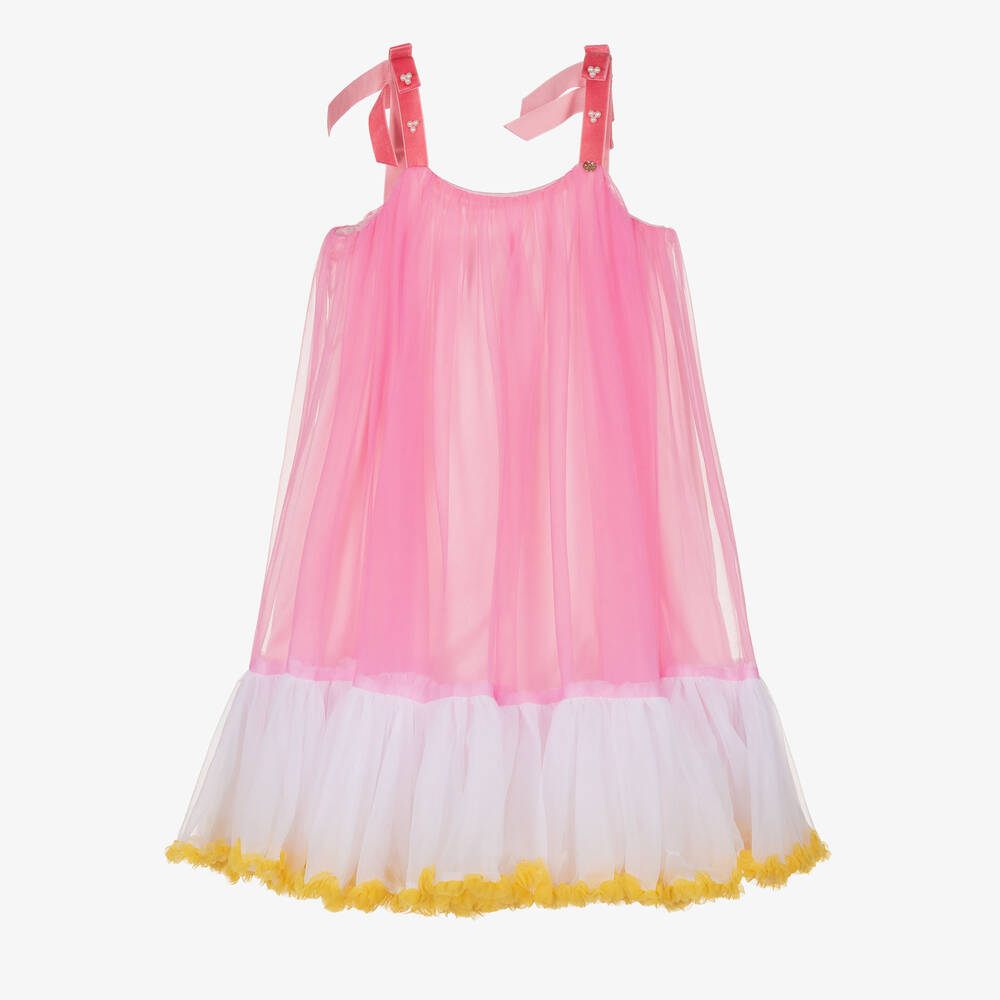 Le Mu - Girls Pink Tulle & Velvet Bow Dress | Childrensalon