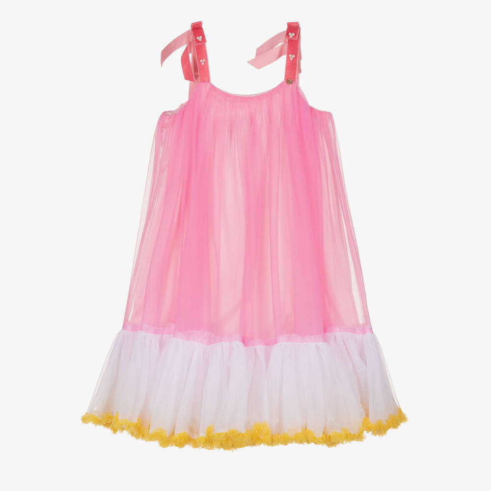 Le Mu-Girls Pink Tulle & Velvet Bow Dress | Childrensalon Outlet