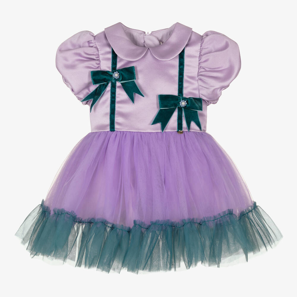 Le Mu - Girls Purple Satin, Tulle & Velvet Bow Dress | Childrensalon