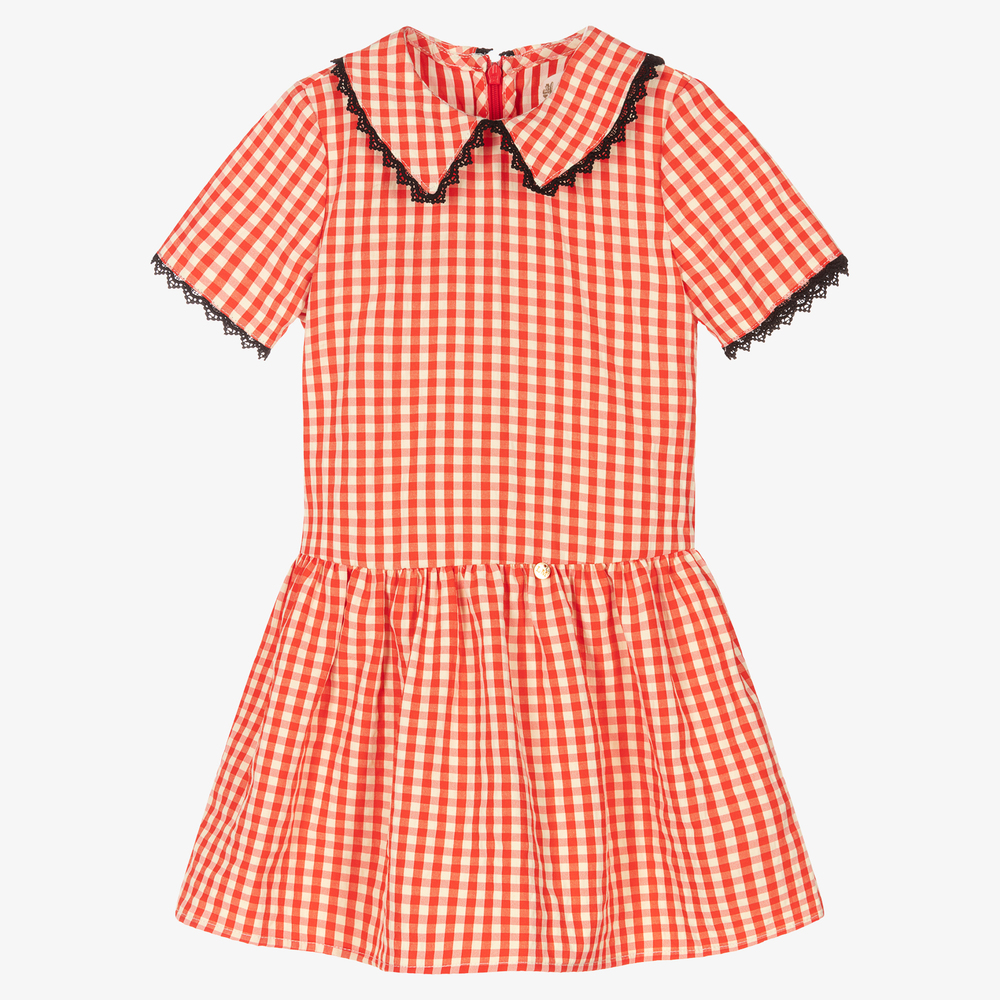 Le Mu - Girls Red Check Cotton Dress | Childrensalon
