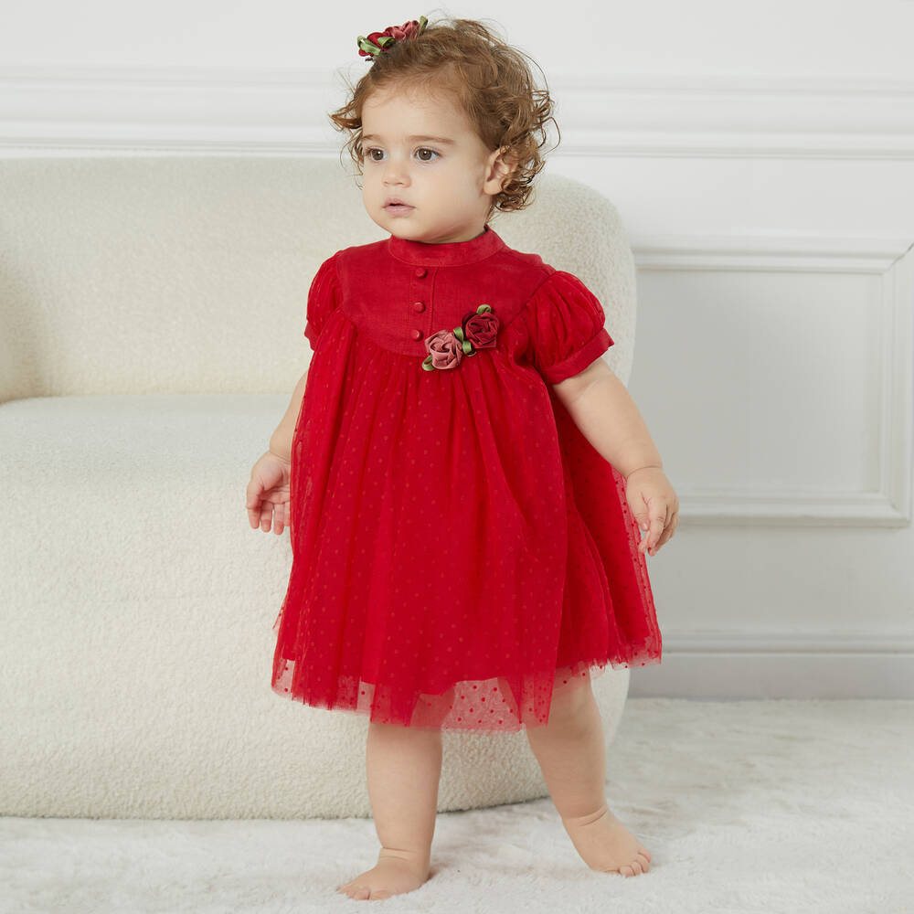 Le Mu-Girls Red Dotted Tulle Dress | Childrensalon Outlet