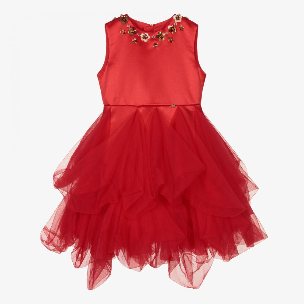 Le Mu - Girls Red Satin & Tulle Dress | Childrensalon