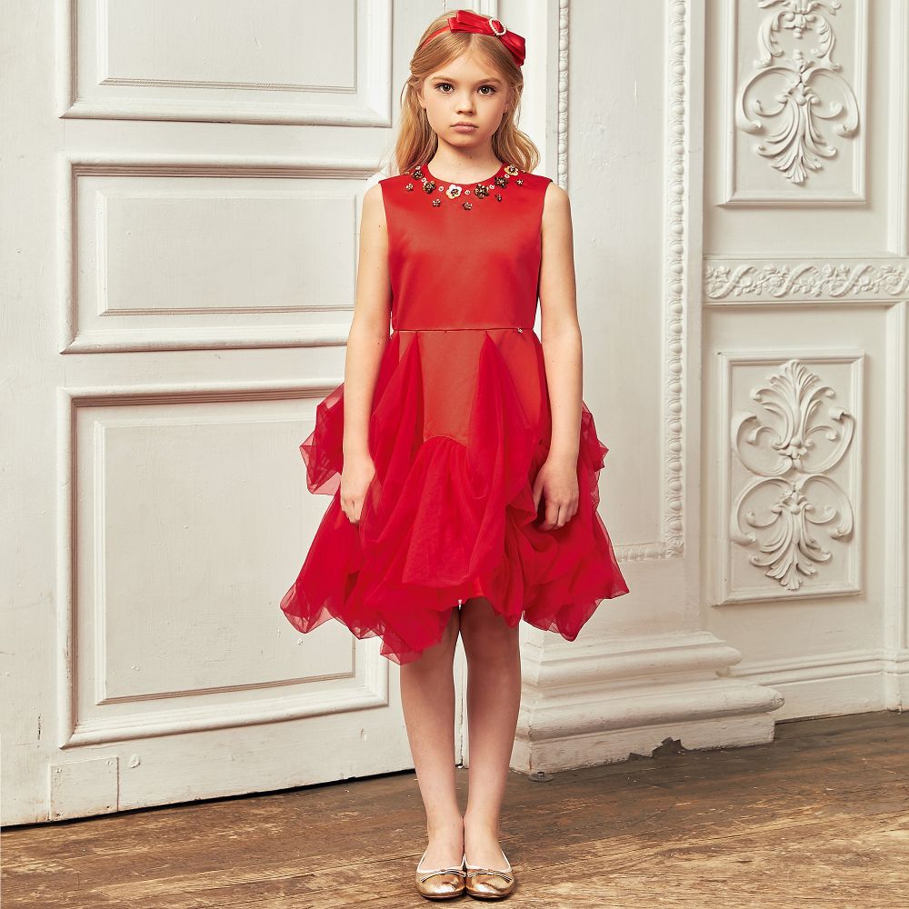 Le Mu - Vestido rojo de satén y tul para niña | Childrensalon Outlet