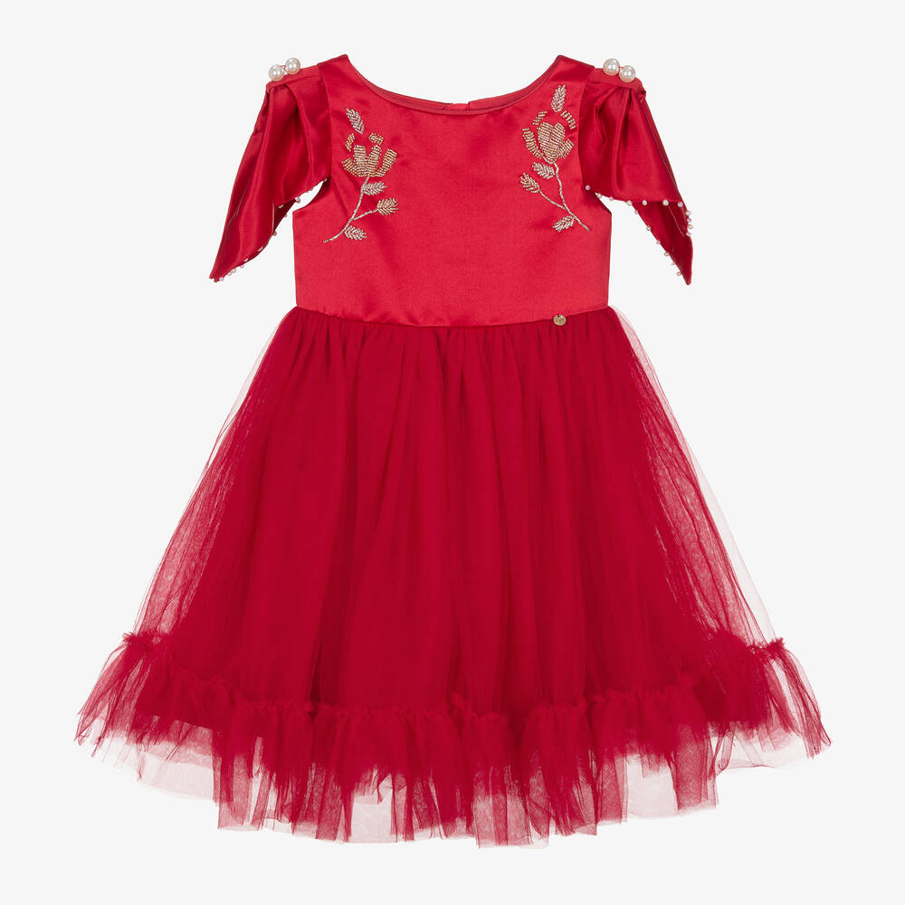 Le Mu Robe rouge en satin et tulle fille Childrensalon Outlet