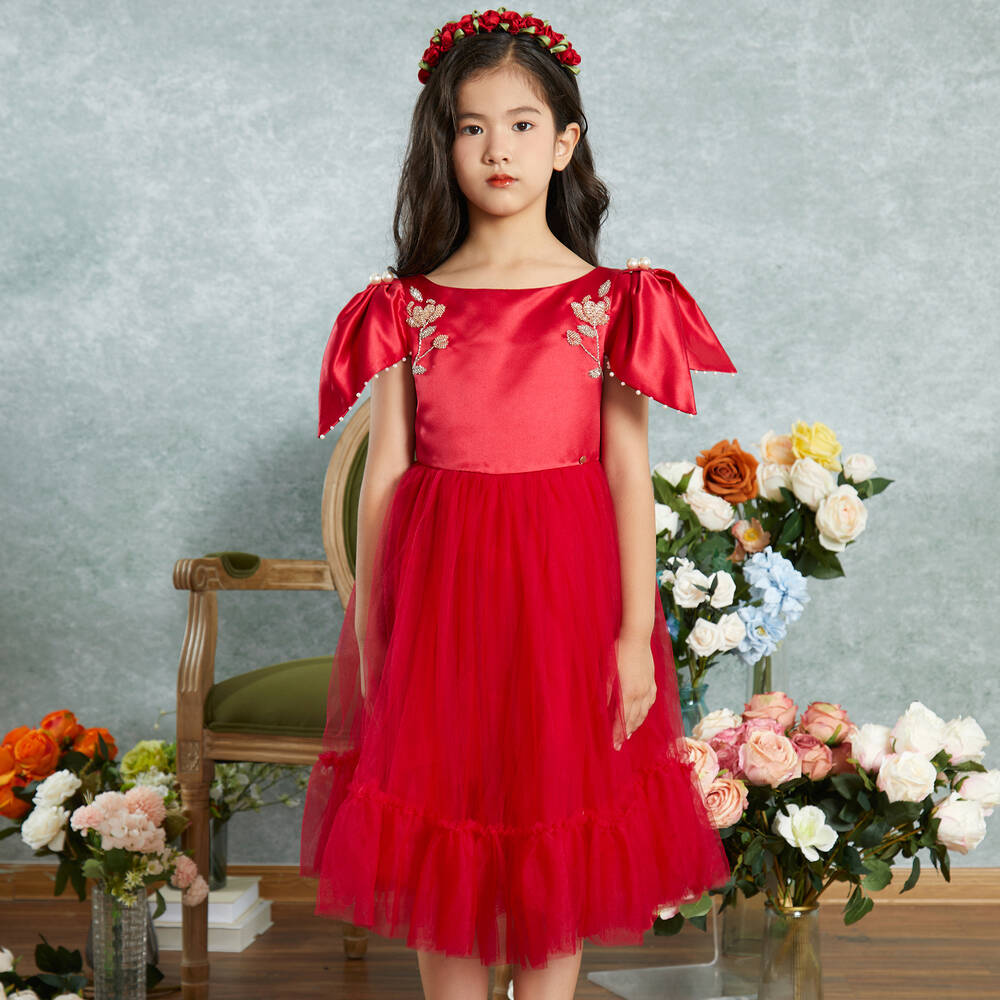 Le Mu Robe rouge en satin et tulle fille Childrensalon Outlet