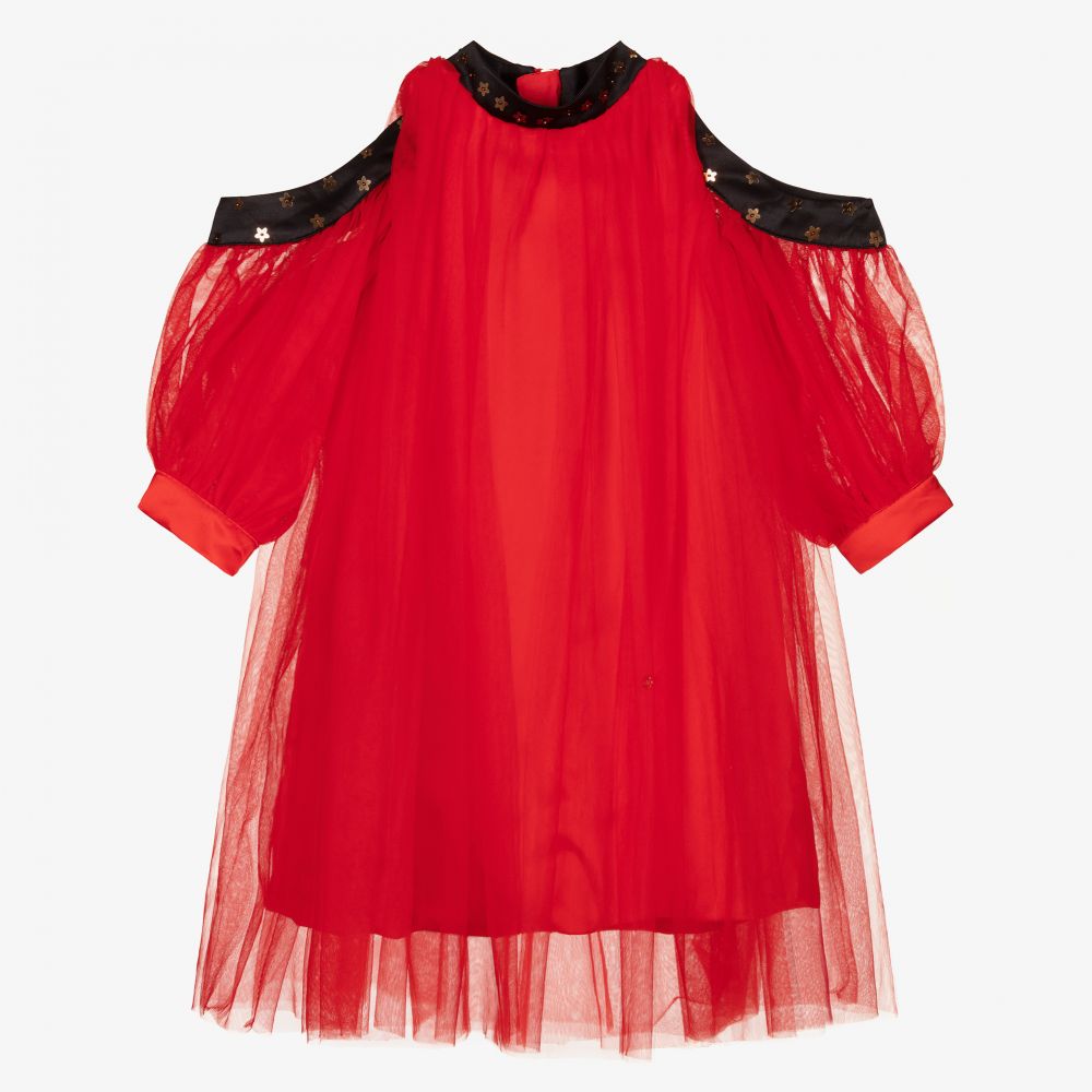 Le Mu - Girls Red Tulle Midi Dress | Childrensalon