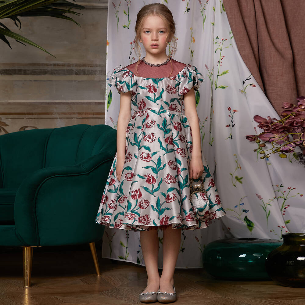 Le Mu - Girls Silver & Red Tulip Dress | Childrensalon Outlet