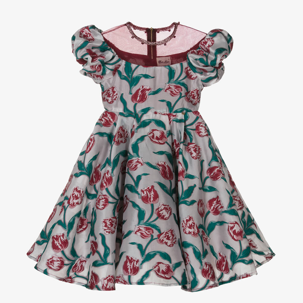 Le Mu - Girls Silver & Red Tulip Dress | Childrensalon