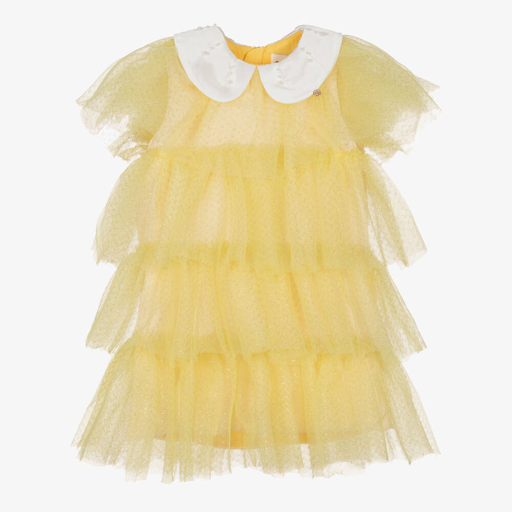 Le Mu - Girls Yellow & Gold Layered Tulle Dress | Childrensalon
