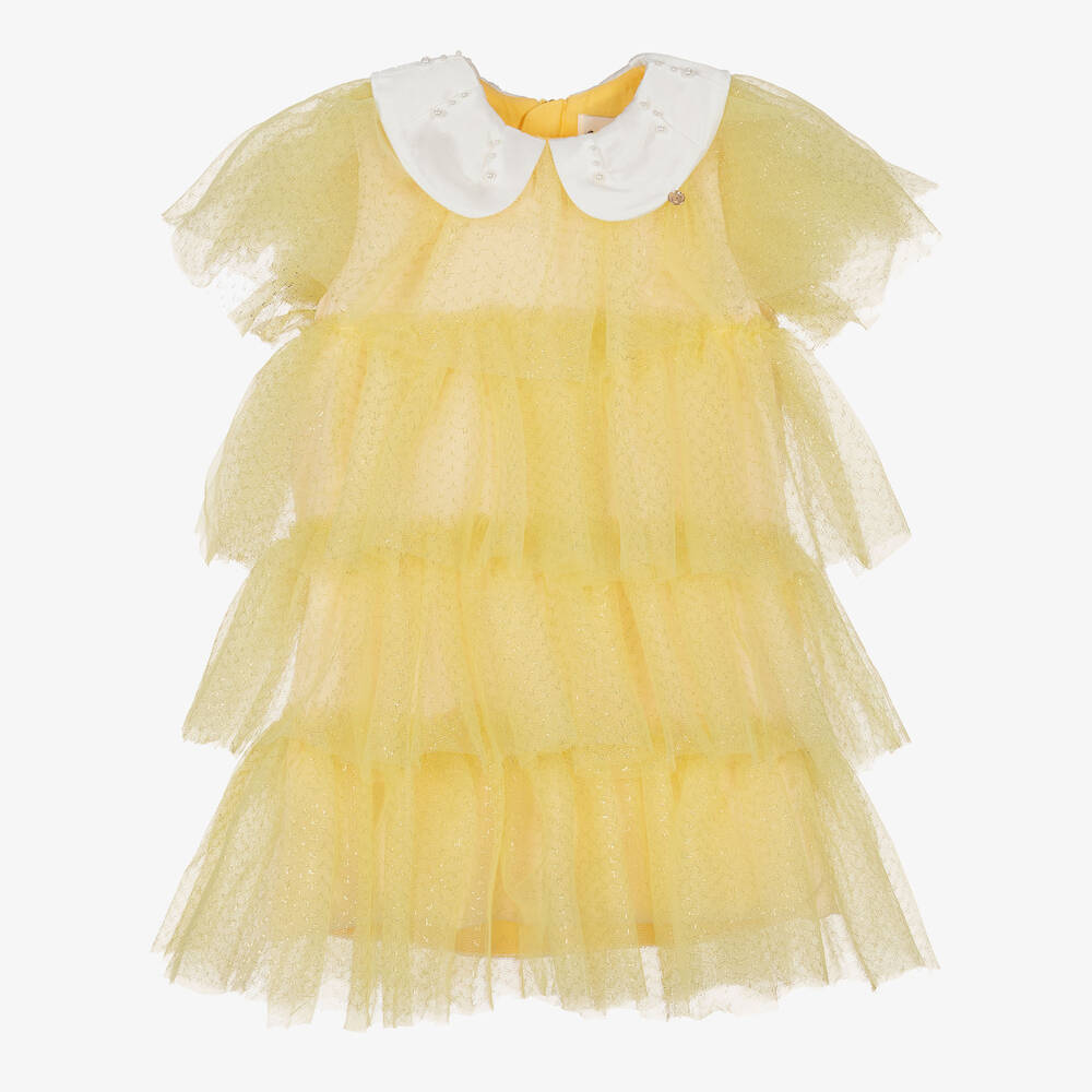 Le Mu - Robe jaune et dorée en tulle fille | Childrensalon