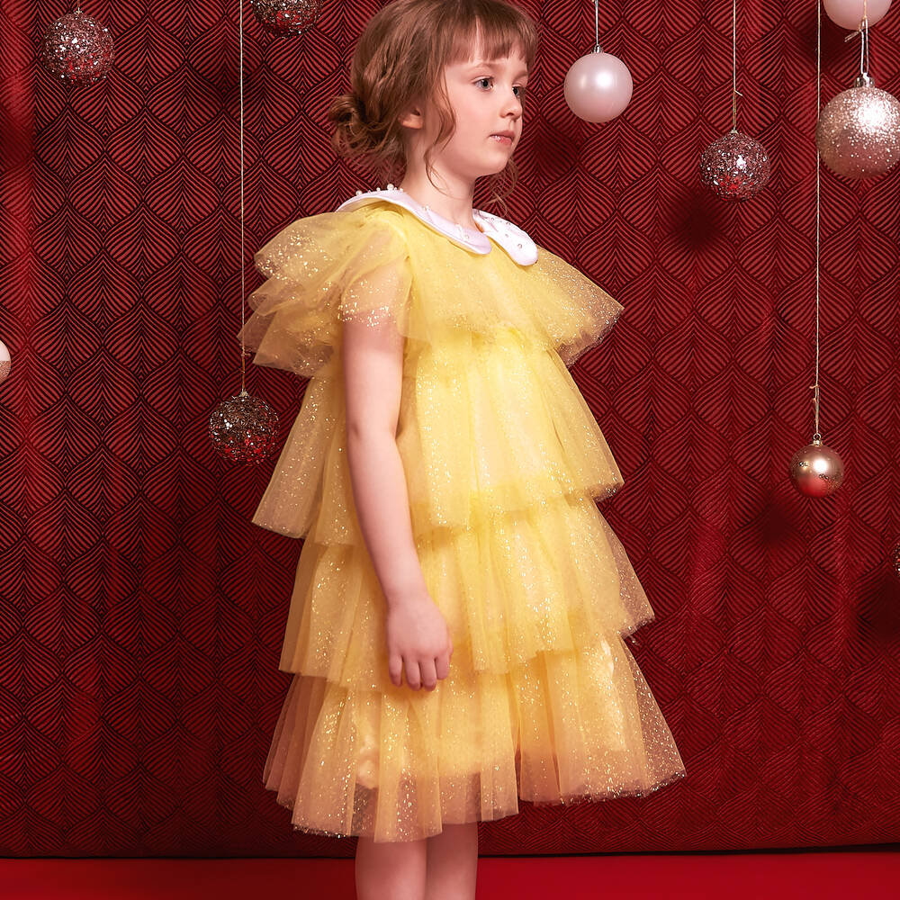 Le Mu-Girls Yellow & Gold Layered Tulle Dress | Childrensalon Outlet