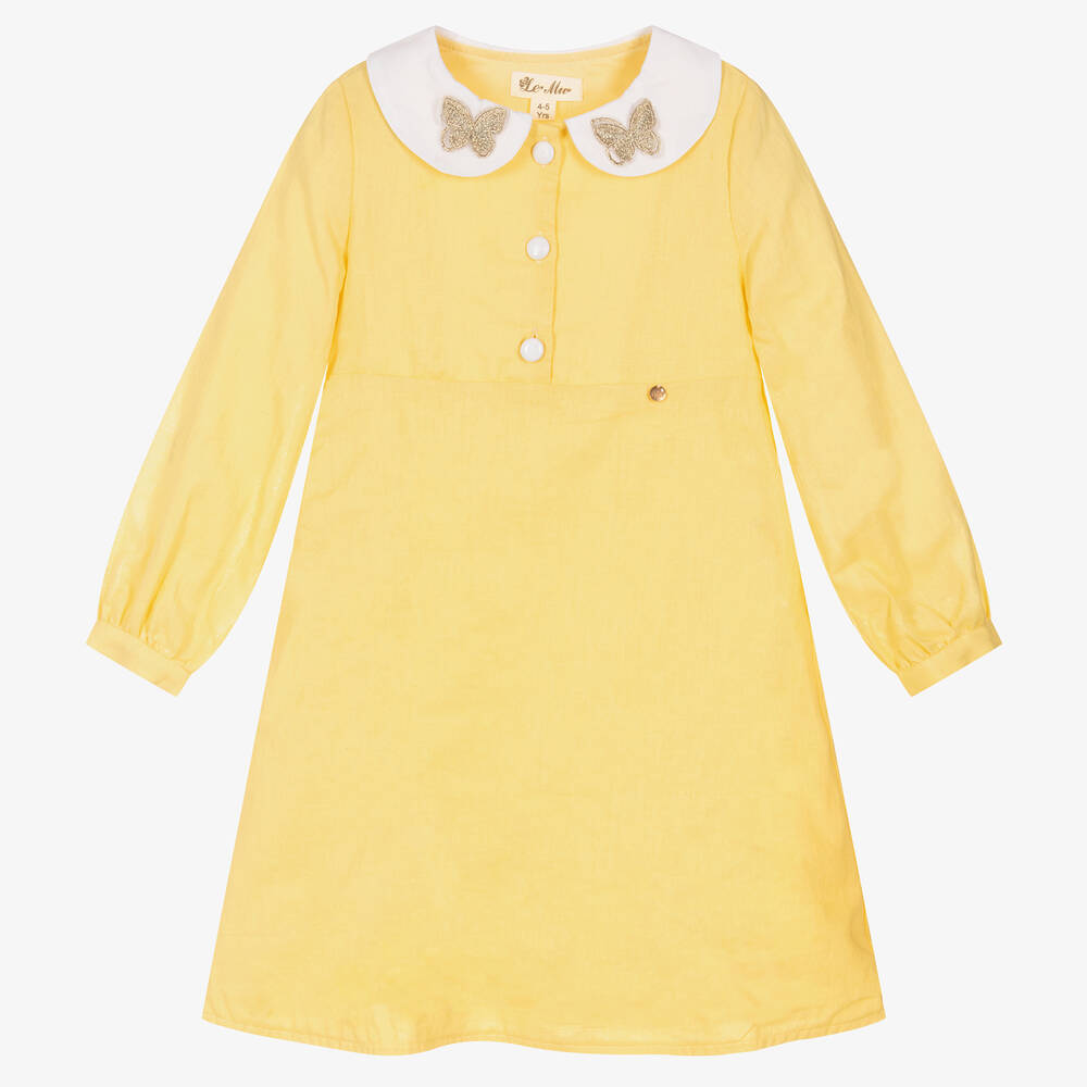 Le Mu - Girls Yellow Linen Dress | Childrensalon