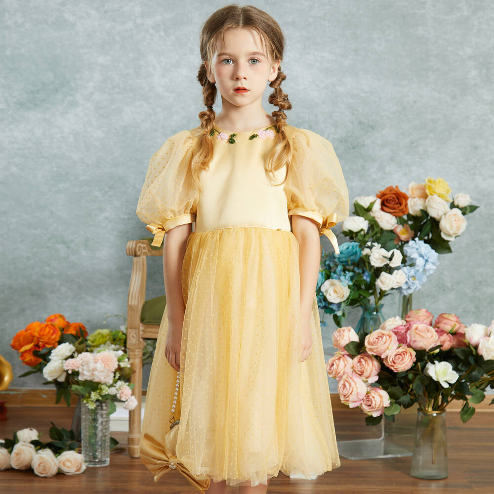 LE MU Girls Yellow Polka Dot Tulle Dress