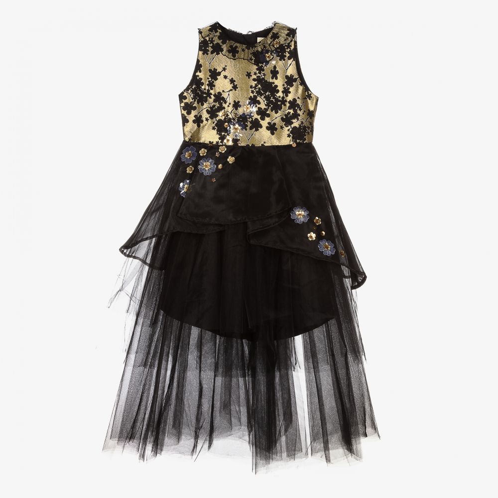 Le Mu - Gold & Black Jacquard Dress | Childrensalon