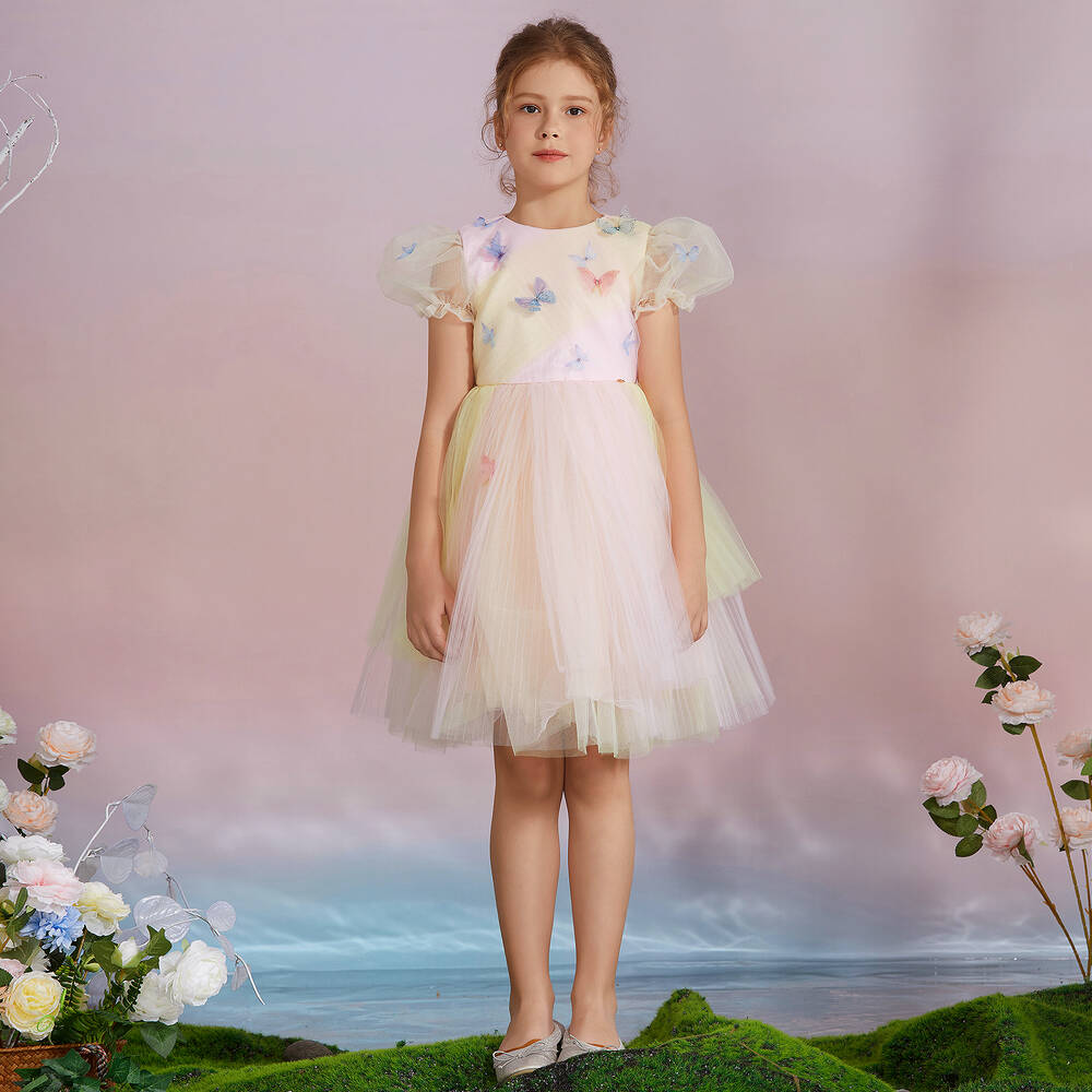 Le Mu-Pink & Yellow Tulle Dress | Childrensalon Outlet