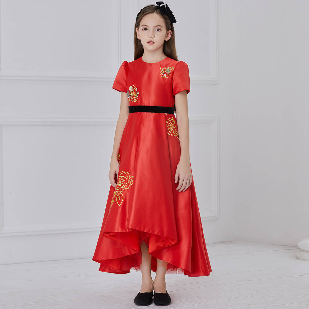 Le Mu-Red & Gold Satin Dress | Childrensalon Outlet
