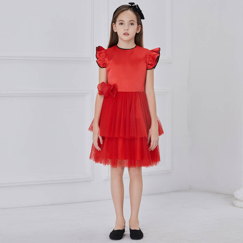 Le Mu-Red Satin & Tulle Dress | Childrensalon Outlet