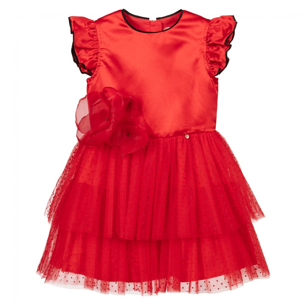 Le Mu - Robe rouge en satin et tulle | Childrensalon