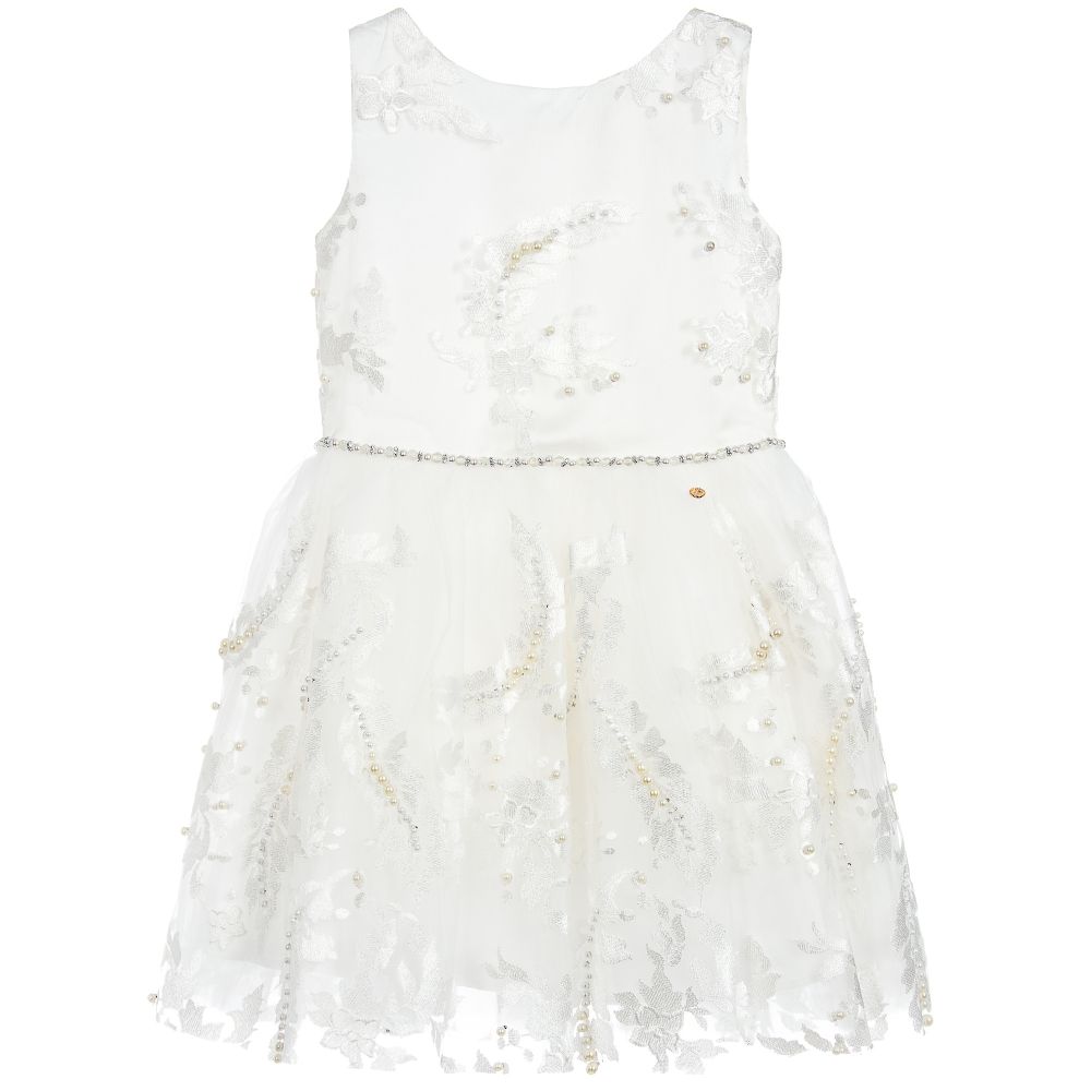 Le Mu - White Embroidered Pearl Dress | Childrensalon