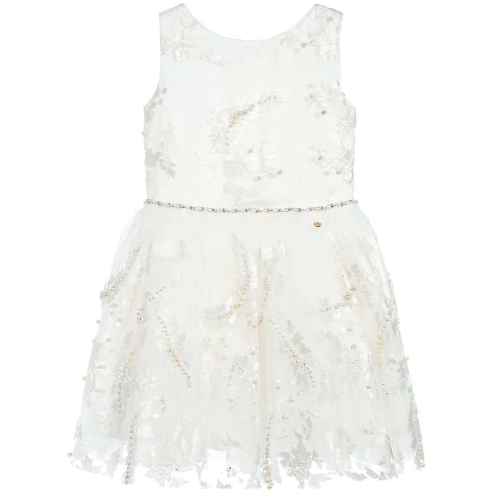 Le Mu-White Embroidered Pearl Dress | Childrensalon Outlet