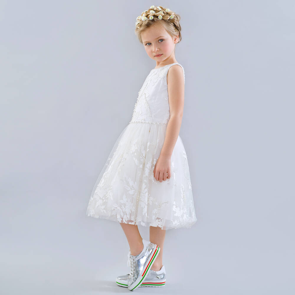 Le Mu-White Embroidered Pearl Dress | Childrensalon Outlet