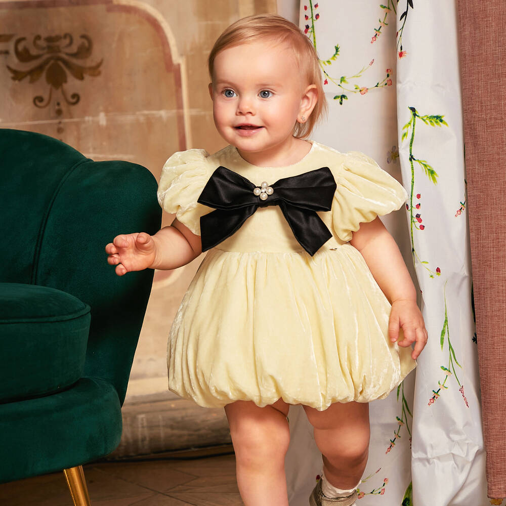 Le Mu-فستان أطفال بناتي مخمل لون أصفر | Childrensalon Outlet