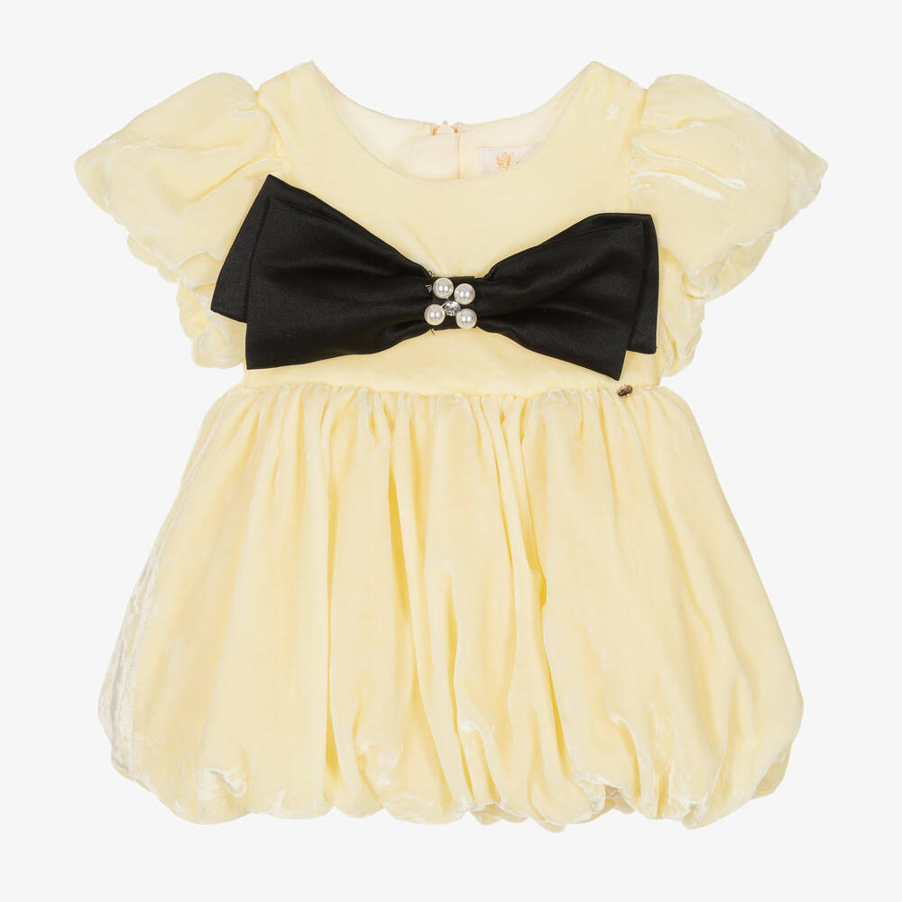 Le Mu - Yellow Bow Velvet Baby Dress | Childrensalon