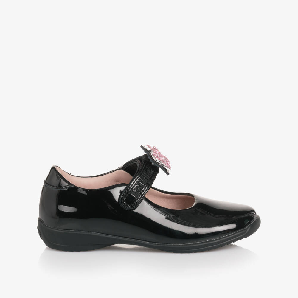Lelli Kelly-Girls Black Patent Leather Shoes with Pink Diamante Flowers | Childrensalon Outlet