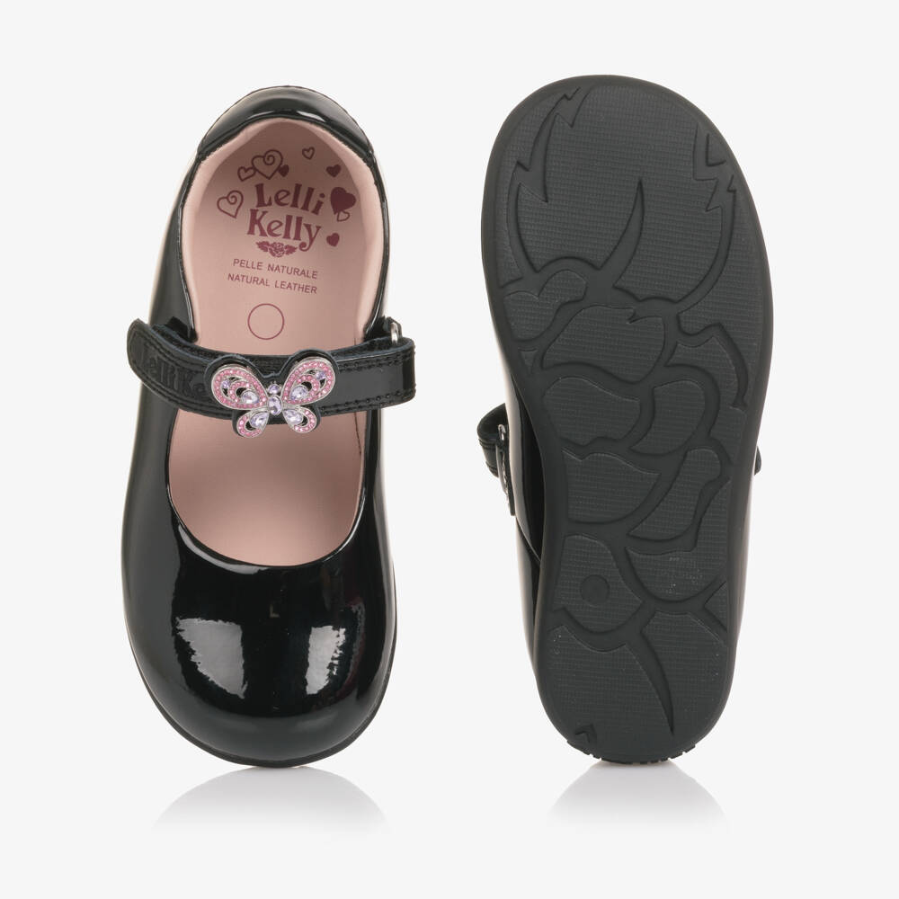 Lelli Kelly-Girls Black Patent Leather Wide Fit Shoes with Diamanté Butterflies | Childrensalon Outlet