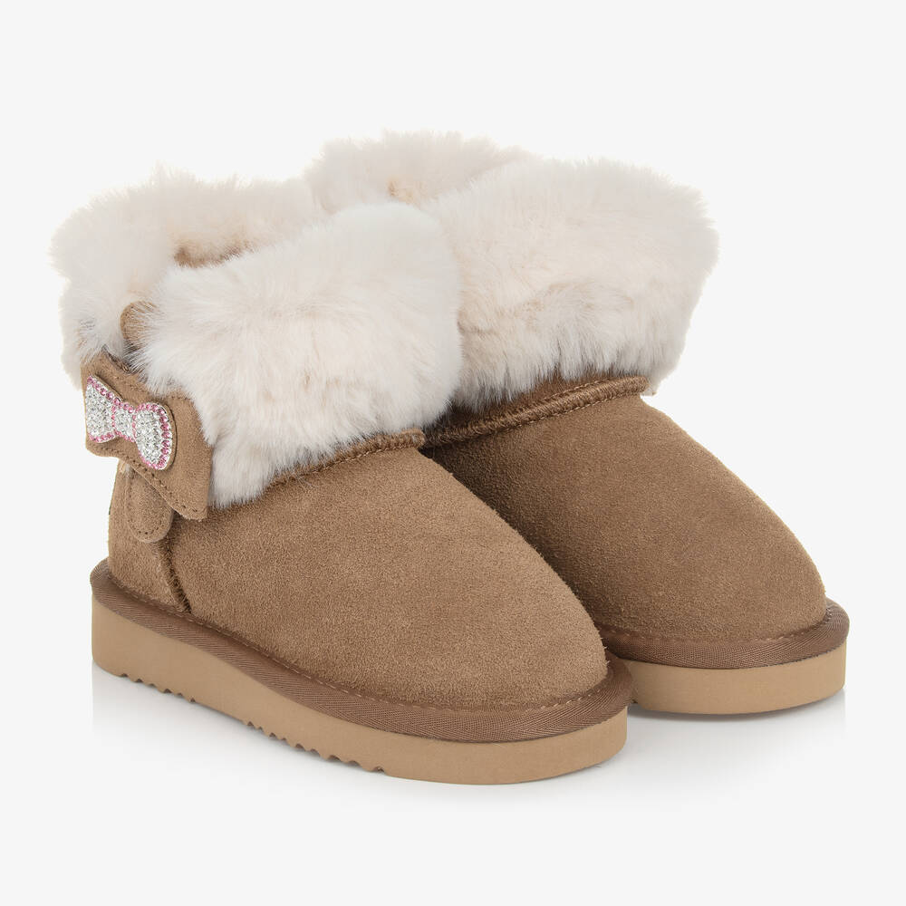 Lelli Kelly - Girls Brown Suede Fur-Lined Bow Boots | Childrensalon