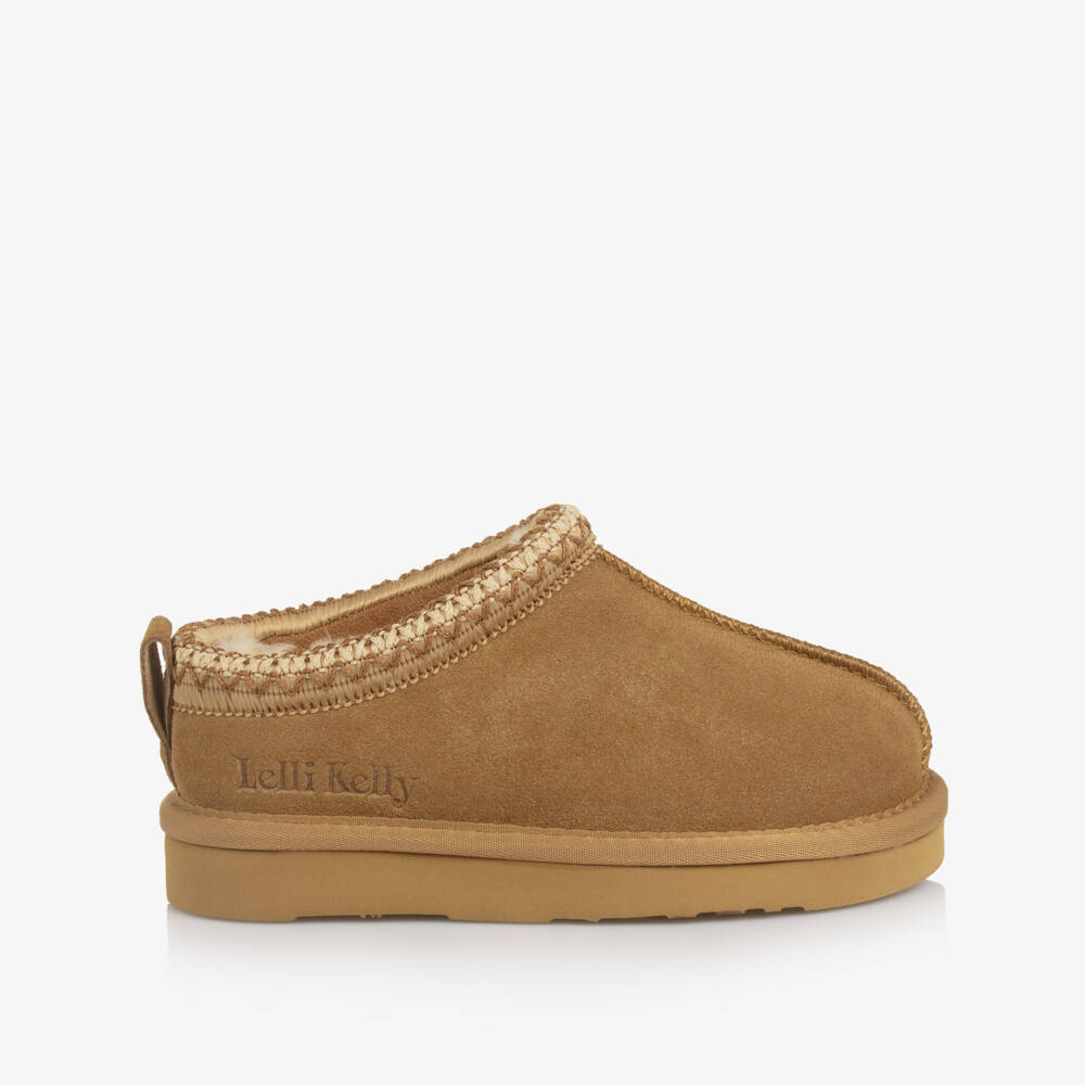 Lelli Kelly-Girls Brown Suede Leather Slippers with Faux Fur Lining | Childrensalon Outlet