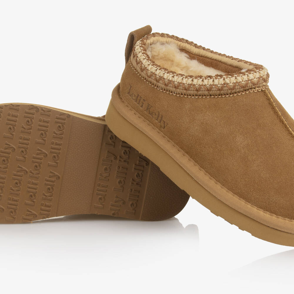 Lelli Kelly-Girls Brown Suede Leather Slippers with Faux Fur Lining | Childrensalon Outlet