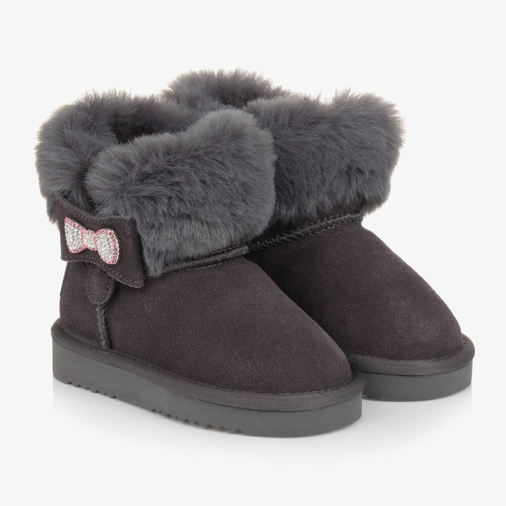 Lelli Kelly - Girls Grey Suede Fur-Lined Bow Boots | Childrensalon