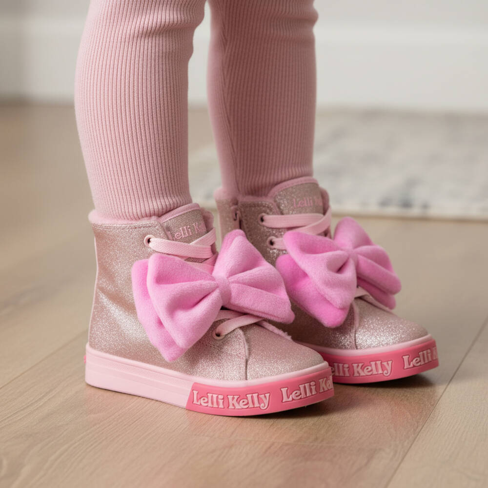 Lelli Kelly-Girls Pink Sparkle High-Top Trainers with Bow | Childrensalon Outlet